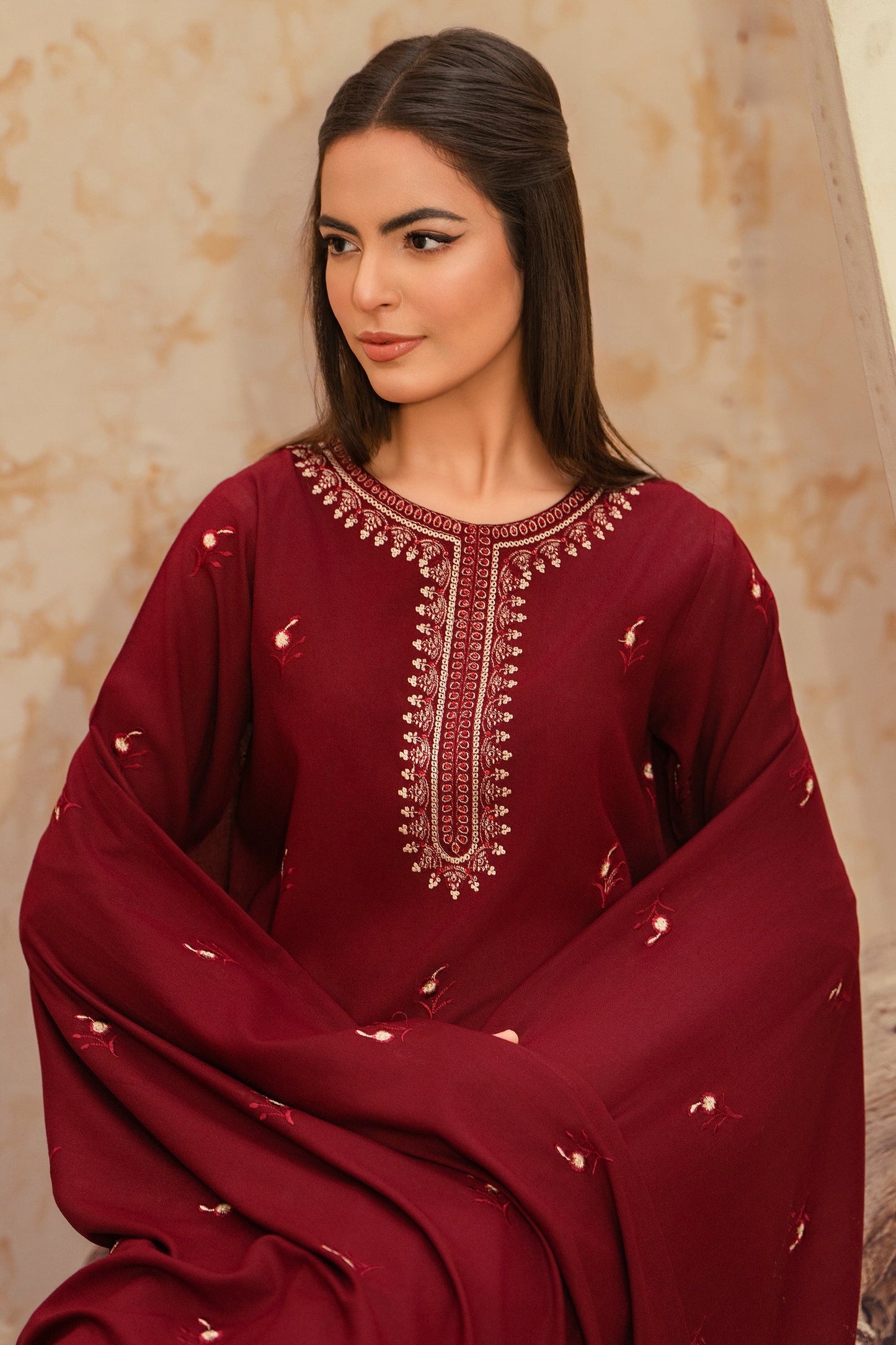 Ruby-3 Piece Embroidered Stitched Marina Suit